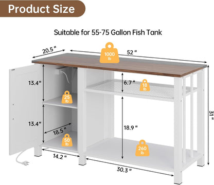 Aquarium Stand with Power Outlets, 55-75 Gallon Heavy Duty Fish Tank Stand with Cabinet Storage & Adjustable Shelf, for Fish Tank, Turtle Tank, Reptile Terrarium, 1000LBS Capacity, White