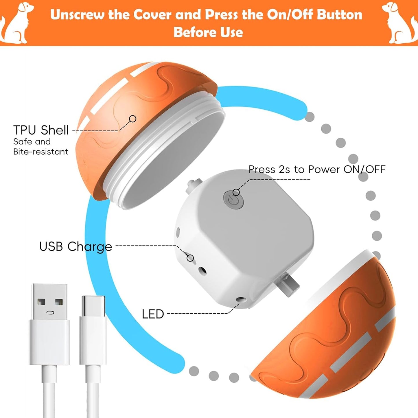 Interactive Dog Ball, Smart Interactive Dog Toys, Automatic Moving Vibrating Bouncing Pet Ball for Medium and Large Dogs, TPU Material, Rechargeable and Waterproof