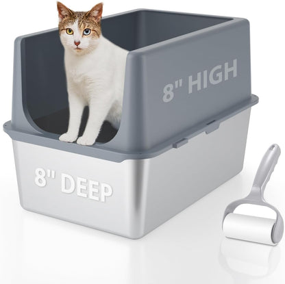 Large Stainless Steel Litter Box with Lid, High Sides, 16" Metal Cat Litter Box, Extra Large Litter Boxes for Big Cats, Tall Cat Litter Pan, Grey, Easy Clean