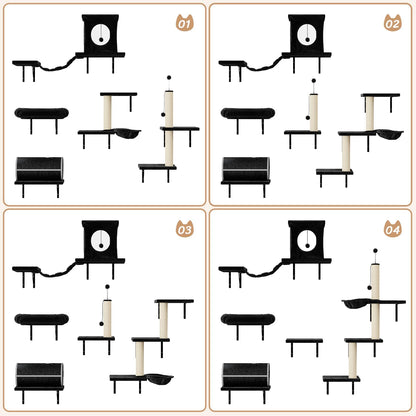 NUNU LAB Cat Wall Shelves Set, 7 Pcs Wall-Mounted Cat Climber with Cat House, Tunnel, Bridge, Scratching Post, Hammock, Wall Shelves, Black