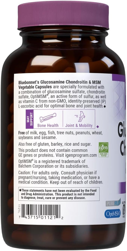 Bluebonnet Nutrition Glucosamine Chondroitin Plus MSM, Glucosamine, Chondroitin Sulfate, Vitamin C & OptiMSM, Bone & Joint Health, Non GMO, Gluten Free, Soy Free, Milk Free, 180 Vegetable Capsules