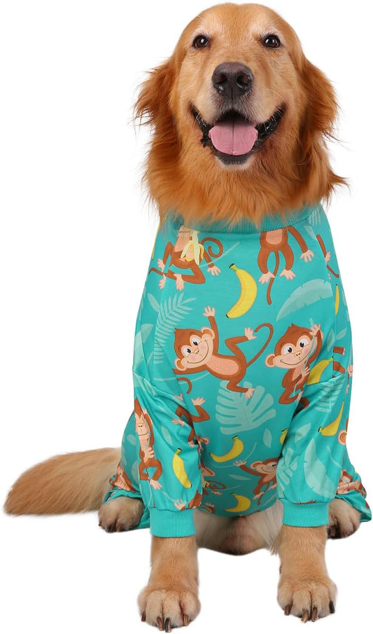 HDE Dog Pajamas One Piece Jammies Jumpsuit Pet Clothes Outfit Stretchy Lightweight Comfy Shirt Pjs for M-3XL Dogs Monkeying Around - L