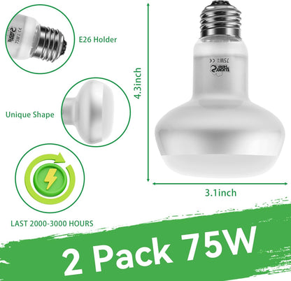 LUCKY HERP Intense Heat Lamp Bulbs for Reptiles 75W 2 Pack, UVA Daylight Reptile Heat Lamp, Reptile Basking Heat Light Bulb for Amphibian, Tortoise, Bearded Dragon, Lizard, Turtle, Snake Heating Use