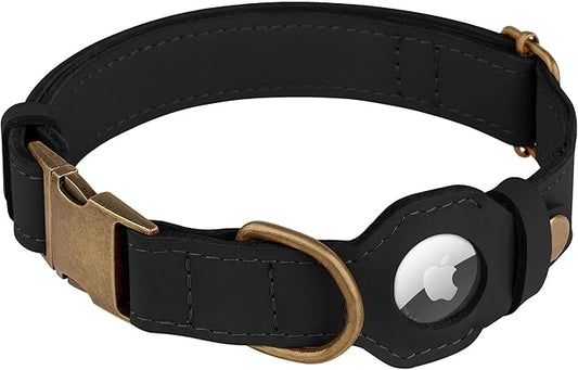 AirTag Dog Collar - Genuine Leather Dog Collar with Apple AirTag Holder and Metal Buckle - Smart GPS Tracking Pet Collars (Black, XL, 20"-25" Neck Fit)