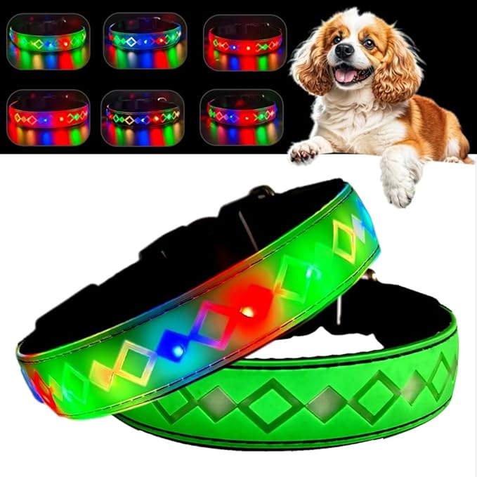 LED Dog Collar with AirTag Holder and Custom ID Tag, 15 Light Modes, Waterproof, Multiple Colors (Green Pro, S(7.87-11.8"))