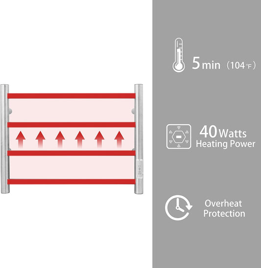 KEG Towel Warmer Wall Mounted with Built-in Timer 4 Bars Electric Stainless Steel Heated Towel Racks for Bathroom, Hot Plug-in Bath Towel Heater Brushed Nickel