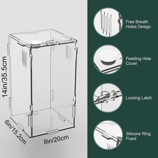 BETAZOOER Acrylic Mini Reptile Tank Habitat Transparent Terrariums with Locking Latch Suitable for Tarantula Isopod Roach Invertebrates (8''x6''x14'')