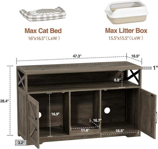 Cat Litter Box Enclosure for 2 Cats, 47" Double Hidden Litter Box Furniture with Scratch Pad, Farmhouse Indoor Litter Box Cabinet Cat Washroom, Grey