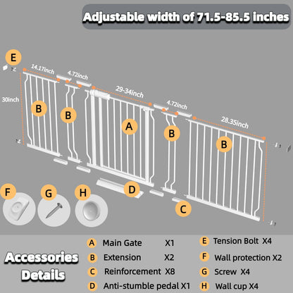 TSAYAWA Baby Gate Extra Wide Fits 71.5-85.8 inch Wide Opening - Dog Pet Gates for Doorways Stairs No Drilling Pressure Mounted - Large Child Safety Gate Indoor Outdoor White