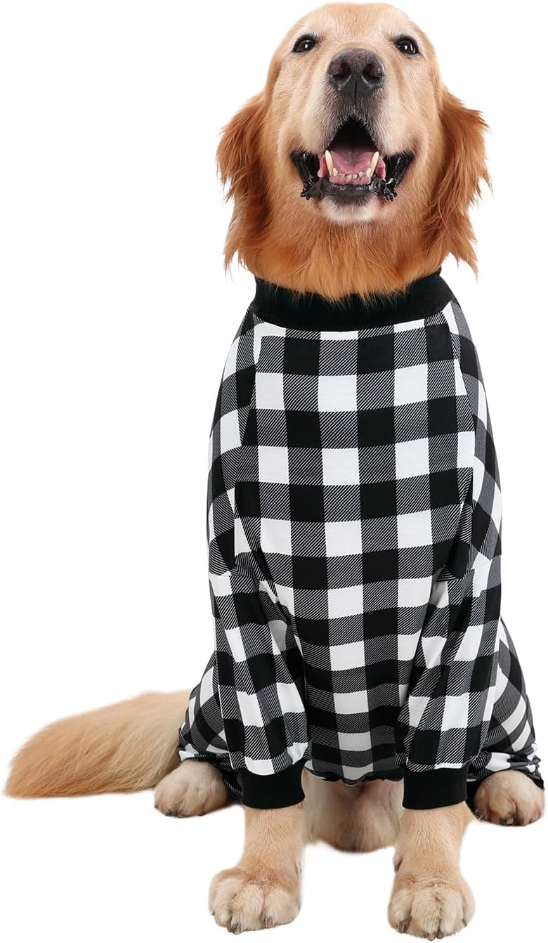 HDE Dog Pajamas One Piece Jammies Jumpsuit Pet Clothes Outfit Stretchy Lightweight Comfy Shirt Pjs for M-3XL Dogs Black & White Buffalo Plaid - 3XL