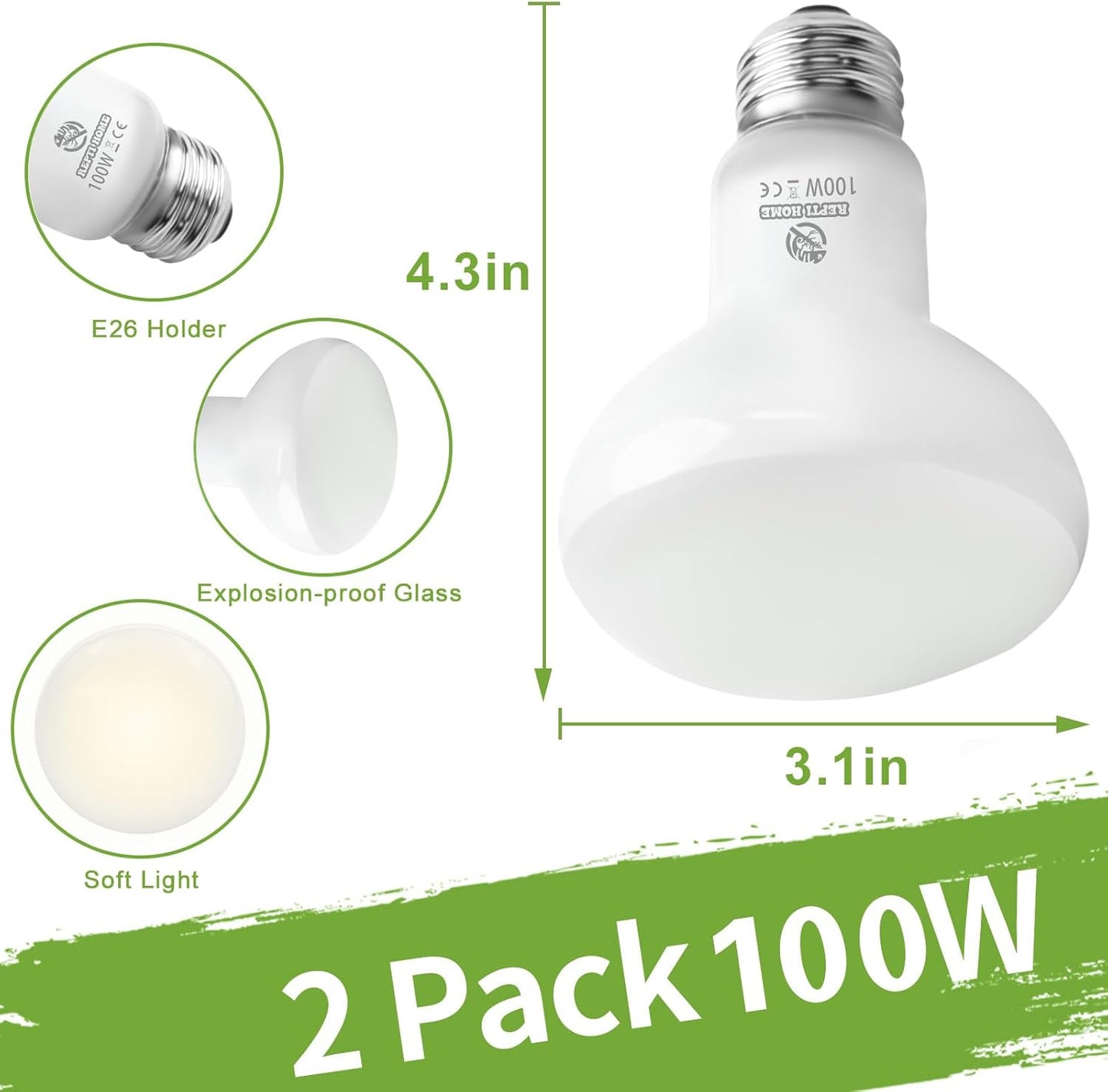 Reptile Heat Lamp Bulbs, Simulate Natural Sunlight Heat Light Bulb, 2 Pack 100W Amphibian Terrarium Basking Spot Lamp for Reptile, Bearded Dragon, Lizard, Turtle, Snake