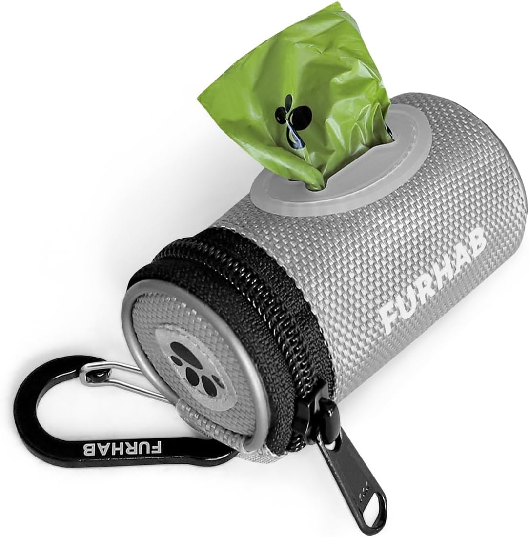 Glow Dog Poop Bag Holder for Leash Doggie Waste Bag Dispenser Puppy Potty Carrier Small Doggy Zipper Pouch with Carabiner Clip 1680D Nylon Oxford with 1 Roll of Pet Trash Bags, Silver - Pawvie