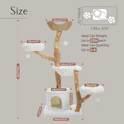 PAWZ Road Cat Tree for Indoor Cats Large Adults, 59 Inches Modern Cat Tower with Large Basket and Hammock, Natural Solid Wood, Luxury Condo & Dual Perches, Modern Cat Furniture for Big Cats, White