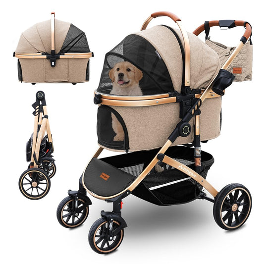 Pettingzoo Dog stroller with 4 Wheels, Folding Cat Stroller for Small/Medium/Large dogs & cats to 60 lbs, pet stroller with removable carrier, Storage BasketCup Holder,3 in1 Multifunctional Detachable