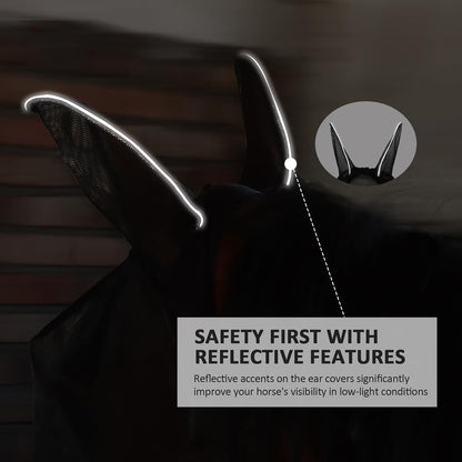 Horse Fly Mask Large Space Breathable UV Protection Equine Mask with Reflective Features on Ears Mars Black L