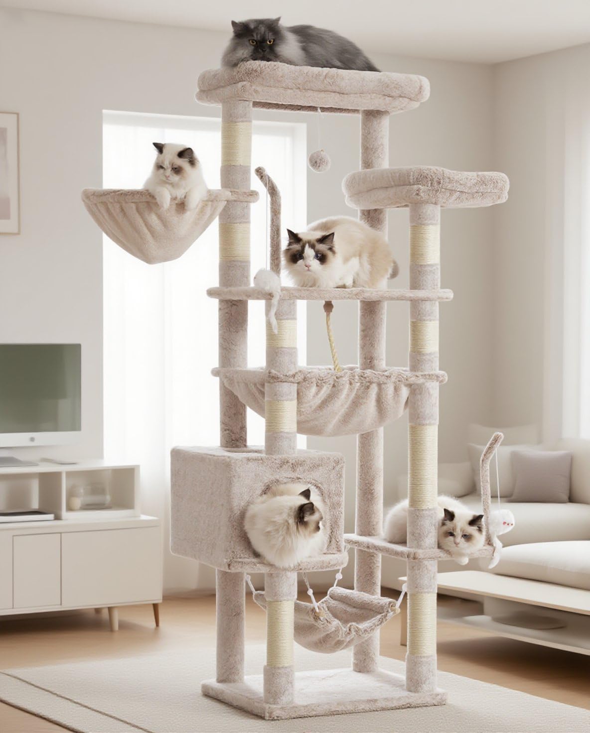 Cat Tree, Cat Tower for Large Cats with 2 Big Platforms, 2 Baskets, condo and Toys, 63" Cat Scratching Posts for Indoor Cats, Muchroom GCT020MU