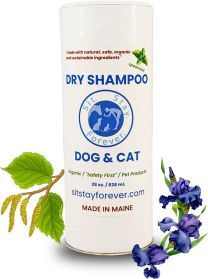 Sit Stay Forever Dry Powder Shampoo for Dogs, Dry Shampoo for Smelly Dogs and Cats, Talco para Perros y Gatos, Shampoo for Stinky and Itchy Skin, Waterless Dog Shampoo, 28 oz