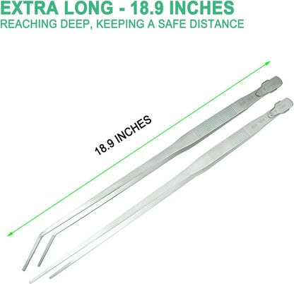 2pcs 18.9 inch Aquarium Tweezers with Hanger, 2025 New Extra Long Feeding Tongs, Stainless Steel Large Aquascape Tools for Fish Tank, Terrarium，Aquascaping, Reptile Snake (Curved & Straight)