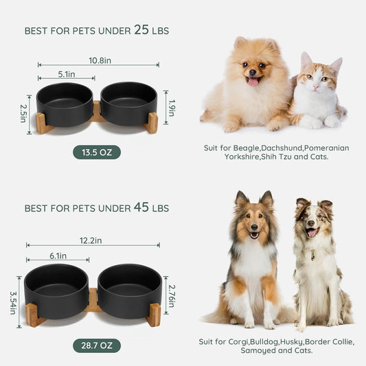 SPUNKYJUNKY Ceramic Dog and Cat Bowl Set with Wooden Stand, Modern Cute Weighted Food Water Set for Small Size Dogs (13.5OZ) & Medium Sized Dogs (28.7OZ) & Cats (3.6 Cups, 2 Ă Black)