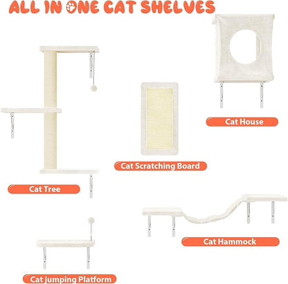 NUNU LAB Wall Mounted Cat Wall Shelves, 10-in-1 Cat Wall Climber with Kitten House, Bridge, Steps, Scratcher, Indoor Space-Saving Furniture for Kittens Play, Beige