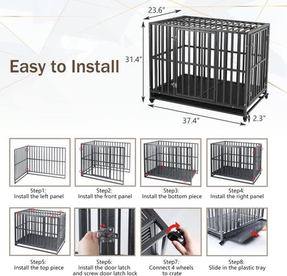 LUCKUP Heavy Duty Dog Crate-38 inch Large Metal Dog Cage with 2 Doors and 4 Wheels, Stackable Dog Kennel for Large & Medium Dogs, Removable Tray