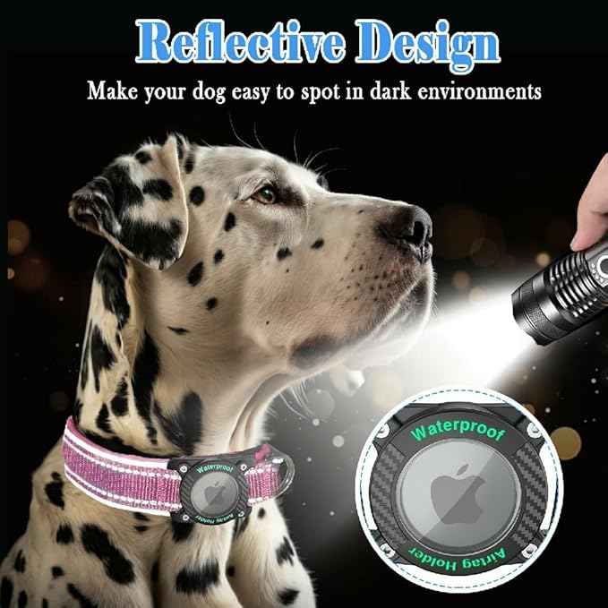 Upgraded AirTag Dog Collar, IP68 Waterproof Dog Collar with Apple Air Tag Holder, Reflective Adjustable Heavy Duty Dog Collars with Soft Padded for Small, Medium and Large Dogs,Pink, XL