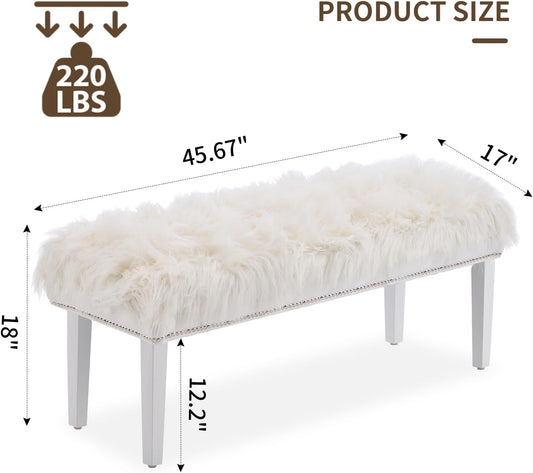 46 Inch White Bedroom Bench, Modern Multi-Purpose Bench with Wooden Legs, White Faux Fur Upholstered Bench for Bedroom, Living Room, or Entryway