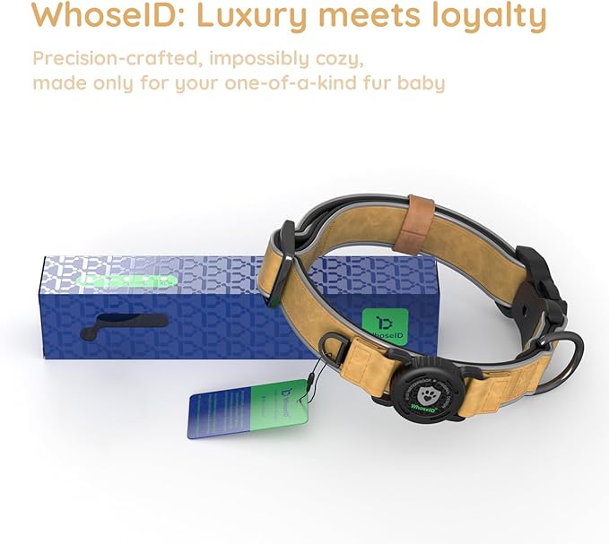 WhoseID Premium Leather Dog Collar for Large Dogs - IPX8 Waterproof AirTag Dog Collar | Magnetic Buckle Heavy Duty Collar | 450LB Escape-Proof | Reflective Dog Collar with AirTag Holder