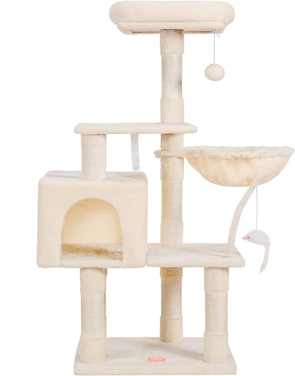 Heybly Cat Tree with Toy, Cat Tower Condo for Indoor Cats, Cat House with Padded Plush Perch, Cozy Hammock and Sisal Scratching Posts, Beige HCT004M