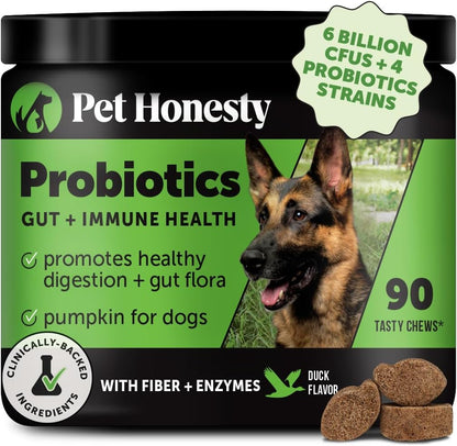 Pet Honesty Probiotics for Dogs for Occasional Diarrhea & Bowel Support, Digestive Enzymes with Prebiotics for Gut Health for Dogs, Immunity Health & Itch Relief (Duck 90 ct)