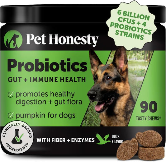 Pet Honesty Probiotics for Dogs for Occasional Diarrhea & Bowel Support, Digestive Enzymes with Prebiotics for Gut Health for Dogs, Immunity Health & Itch Relief (Duck 90 ct)