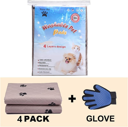 SincoPet Washable Dog Pee Pads with Puppy Grooming Gloves,Puppy Pads,Reusable Pet Training Pads,Large ,Waterproof Pet Pads for Dog Bed Mat,Super Absorbing Whelping Pads,24x36 Inch (Pack of 4)