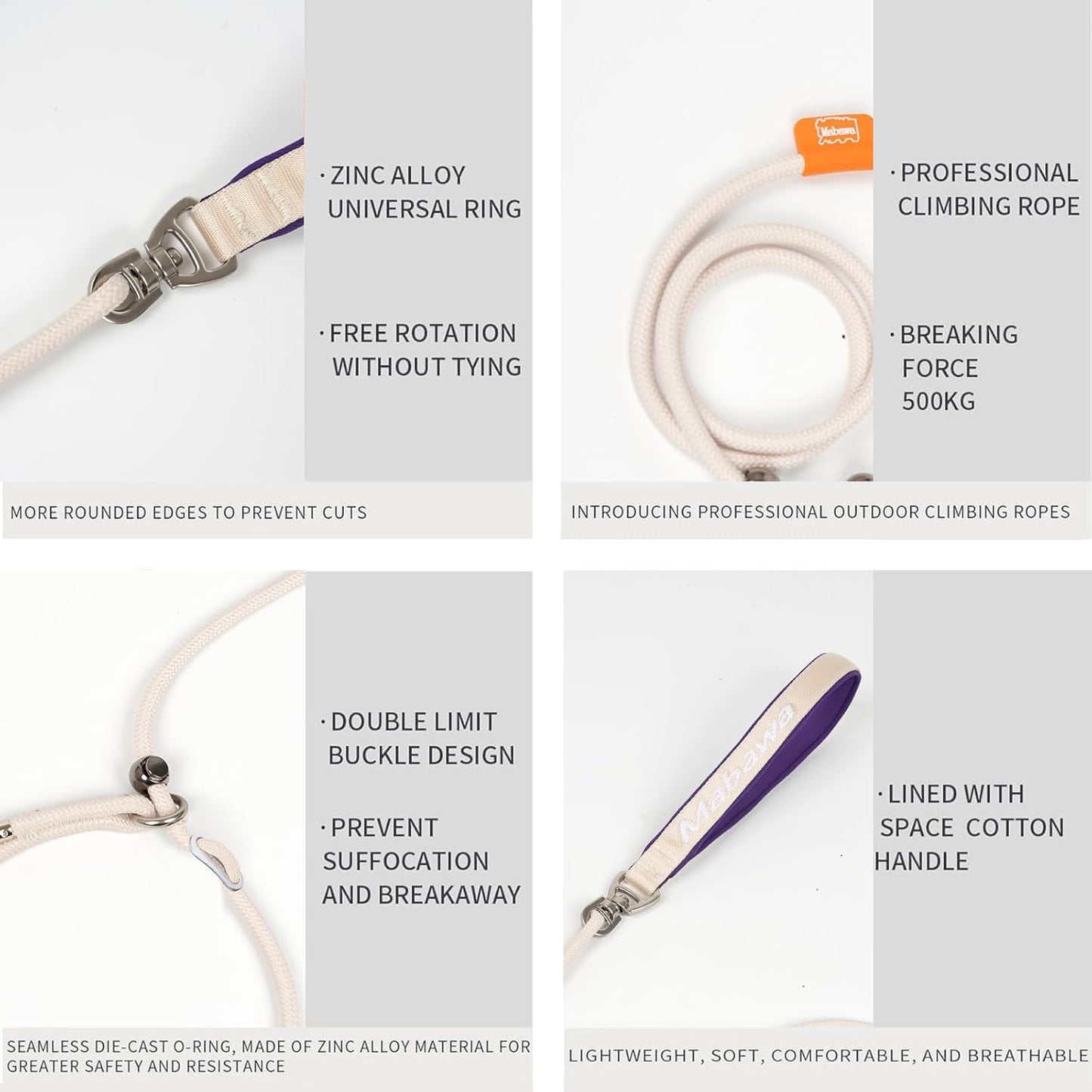 Dog Anti-Slip Leash 5FT with Metal Stopper - Durable No-Pull Training Lead for Small, Medium & Large Dogs - Comfortable Handle Nylon Rope, Tangle-Free Pet Walking Leash (Beige, 5 FT)