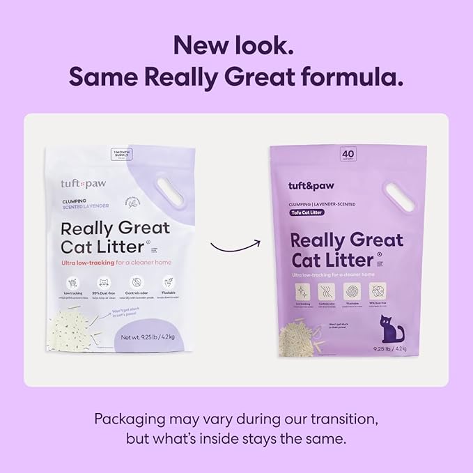 Tuft & Paw Really Great Cat Litter, Low Tracking Tofu Cat Litter, Clumping, Flushable, Odor Control, Dust-Free - 9.25lbs x 2Bags (Natural Lavender)