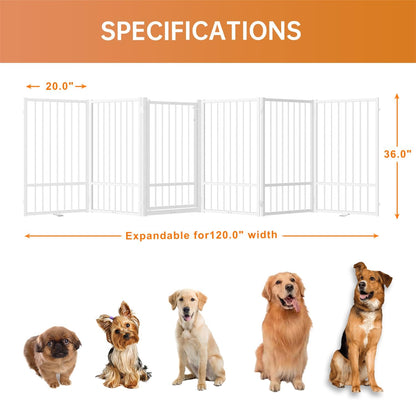 Full Metal Freestanding Dog Gate with Door, 36''Height Foldable Pet Dog Fence for Indoor & Outdoor, 6 Panels Extra Wide Free Standing TallDog Gates for Doorways,House,Stairs,Porch,Deck,Yard