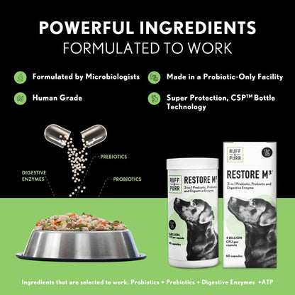 Ruff & Purr Probiotics for Dogs – 3-in-1 Probiotics, Prebiotics and Digestive Enzymes for Gut Health, Immune Support, Healthy Skin and Coat – Clinically Studied DE111 & PreforPro