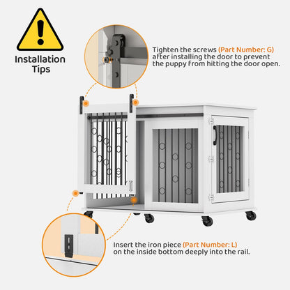 IchbinGo Large Dog Crate Furniture, 47" Wooden Dog Kennel with Sliding Barn Door, Flip-Top Lid & Wheels, Indoor Pet Crate Table with Detachable Divider for Small/Medium/Large Dogs (White)