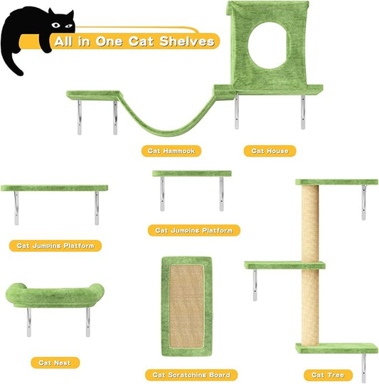 NUNU LAB Wall Mounted Cat Wall Shelves, 12-in-1 Cat Wall Climber with Condos House, Scratching Post, Bridge Ladder, Indoor Space-Saving Furniture for Kittens Play, Green