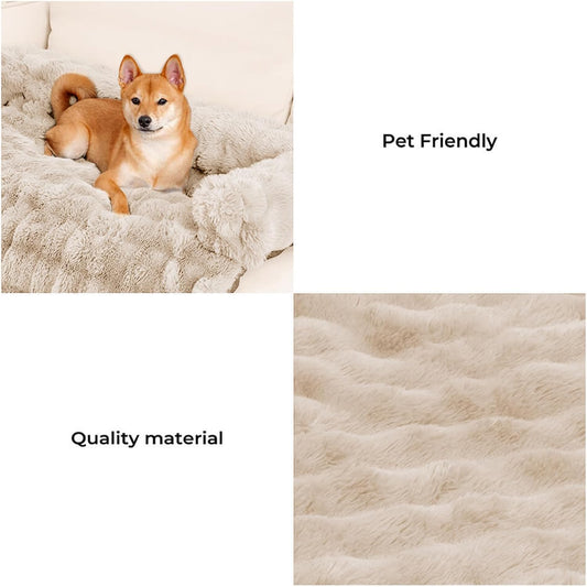 FUNNY FUZZY Pet Fluffy Fuzzy Couch Cover, Calming Washable Dog Bed Sofa Protector Pets Mat for Small Medium Dogs and Cats (Coffee,33.45 Ă 28.35 Ă 5.51 in)