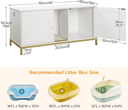 HOOBRO 44" Cat Litter Box Enclosure for 2 Cats, Double Cat Litter Box Furniture Hidden, TV Stand Litter Box Enclosure with Cat Scratching Mat, Cat House, Cat Washroom Cabinet, White, Gold DW20MW01