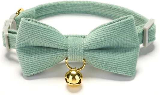 2 Pack Soft Corduroy Cat Collars with Bow Tie & Bell, Adjustable Breakaway Cotton Kitty Bowtie Collar for Female Male Cats(White & Grass Green)