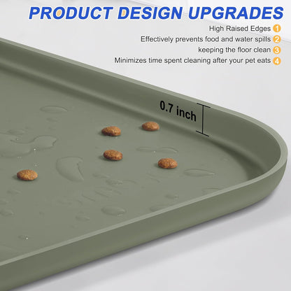 Silicone Pet Feeding Mat with Raised Edge for Food and Water, Dog Bowl Mats, Cat Bowls Placemat with High Lip for Floor Waterproof, Rubber Tray for Cats and Dogs 19 x 12 x0.7 Light Olive Green