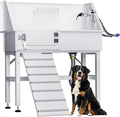 Dog Washing Station for Home, 38" White Professional Stainless Steel Dog Grooming Tub, Height Adjustable Dog Bathing Station, Upgrade Parts, Dog Bath Tubs for Small & Medium Dogs(Left Ramp)