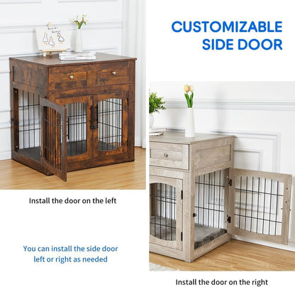 Dog Crate Furniture for Medium Dogs, Wooden Dog Kennel Indoor with Double Doors, Dog Cage with Cushion & Drawers, Dog House Side End Table for Small Medium Dogs up to 45 lb, 31.5” L, Grey