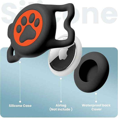 Waterproof Dog Collar Airtag Holder,Stretchy Silicone Full Body Covered AirTag Holder for Dog Cat Collars (Black-Orang)