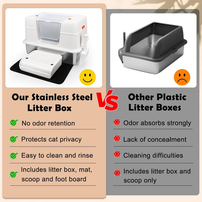 Vivifying Stainless Steel Litter Box with Lid, XL Side Entry Extra Large Litter Box for Big Cats & Kitty, Removable Enclosed Metal Cat Pan with High Sided Enclosure, Scoop, Mat, Footboard (Beige)