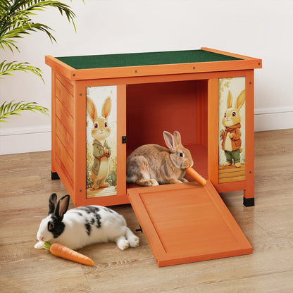 COZIWOW 24in Wooden Cat House Outdoor & Indoor Pet Shelter with Foldable Ramp - Weatherproof Rabbit Hutch with Unique Machine-Printed Art Designs for Cat, Rabbit, Guinea Pig (Orange)