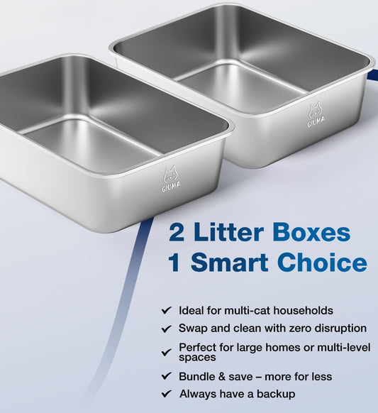 2 Pack Stainless Steel Cat Litter Box, 23.4" L×15.6" W×7.8" H, Metal Kitty Litter Box with High Sided for Big Cats, Non-Stick, Easy to Clean, Odor-Free