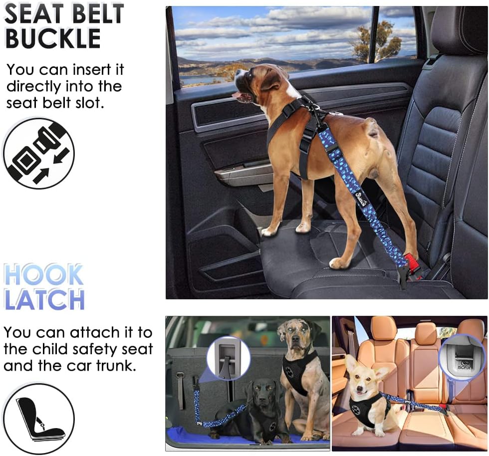 SlowTon Dog Seat Belt, Adjustable Dog Safety Belt Leash, 2 in 1 Latch Bar Attachment Dogs Car Seatbelt with Elastic Nylon Bungee Buffer, Reflective Nylon Belt Tether (BL,35.5in)