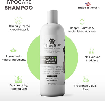 Lillian Ruff Calming Oatmeal Pet Shampoo for Dry Skin & Itch Relief with Aloe & Hydrating Essential Oils - Replenish Moisture & Deodorize - Tearless Dog Shampoo for Normal/Sensitive Skin (Hypocare+)